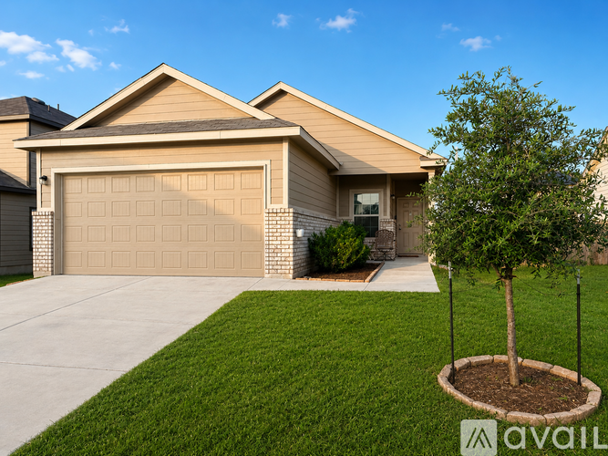 A house with a brown garage door and a tree in a pot.