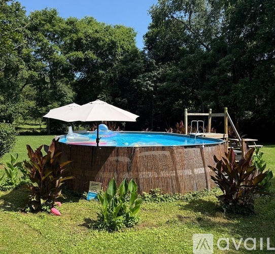 A small pool surrounded by a wooden fence and greenery.