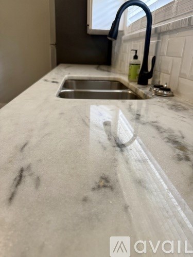 A kitchen countertop with a sink and a faucet.