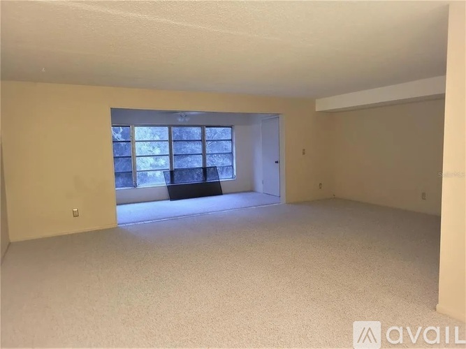 A spacious room with a large window and carpeted floor.