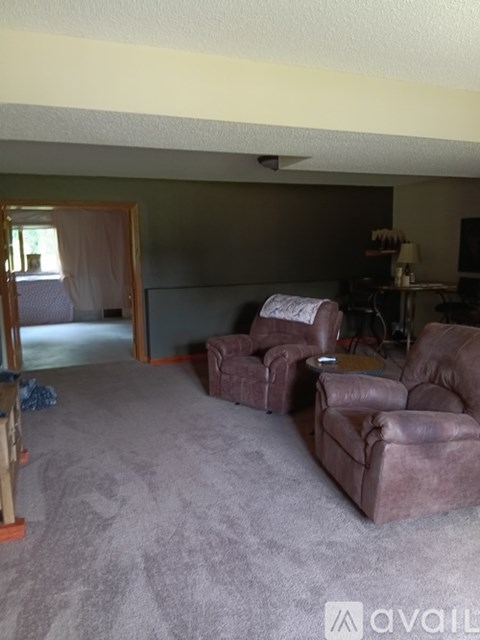 A living room with two recliner chairs and a grey carpet.