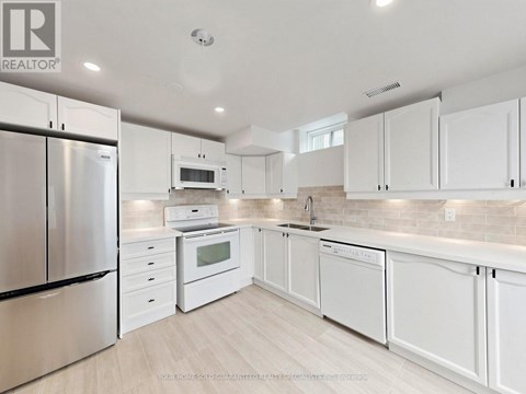 A modern kitchen with white cabinets and stainless steel appliances.