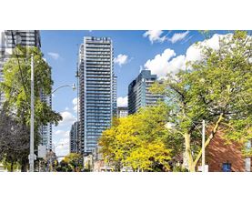 A cityscape with trees and buildings under a blue sky.