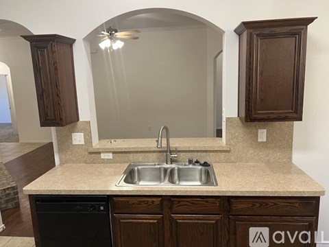 A kitchen with a sink and a mirror.