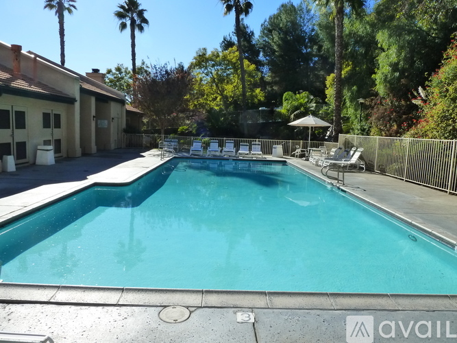 A pool surrounded by trees and a fence.