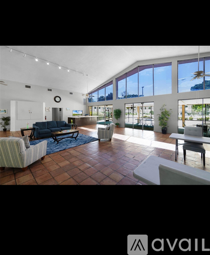 A spacious living room with a blue sofa and a large window overlooking a palm tree.