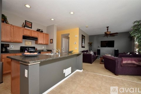 A kitchen with a counter and a couch in the living room.