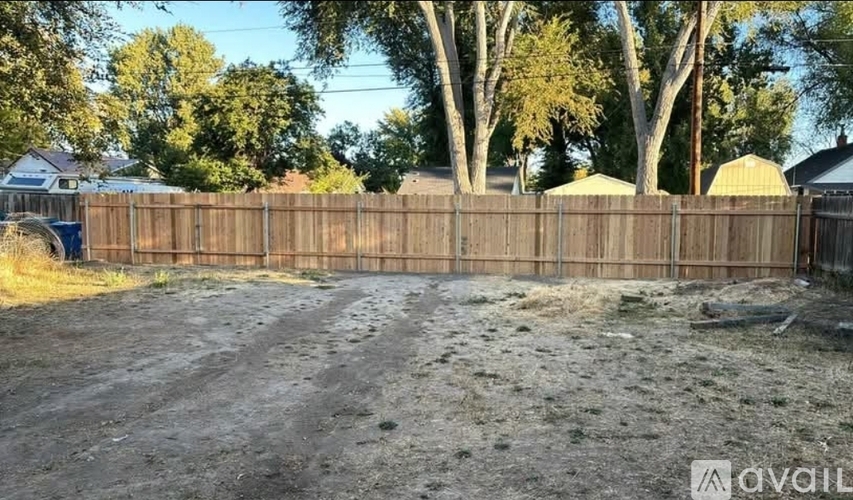 A backyard with a wooden fence and trees.