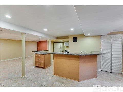 A kitchen area with a counter and cabinets.