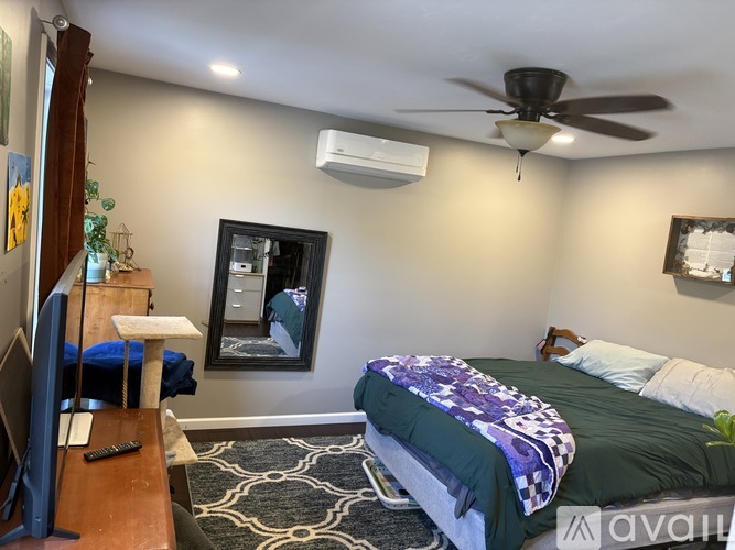 A bedroom with a bed, a ceiling fan, and a mirror on the wall.