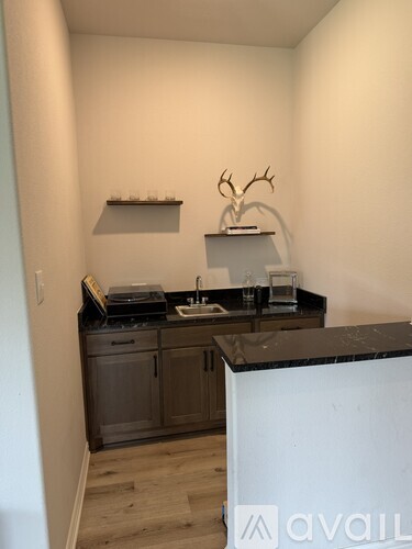 A kitchen with a black counter top and wooden cabinets.