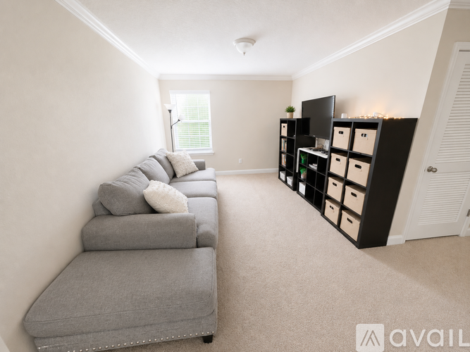 A living room with a grey sofa and a television.