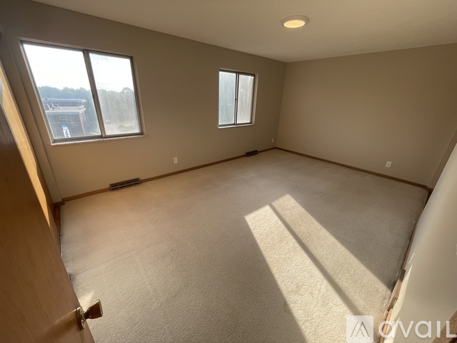 A spacious room with two windows and a carpeted floor.