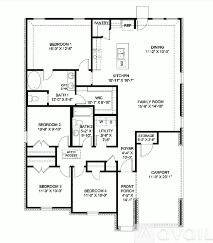 A floor plan of a house with labeled rooms and dimensions.
