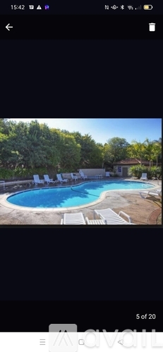 A swimming pool surrounded by trees.