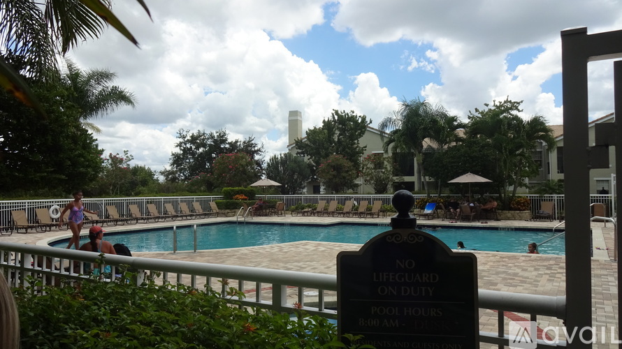 A pool with a sign that says "NO LIFEGUARD ON DUTY" is surrounded by palm trees.