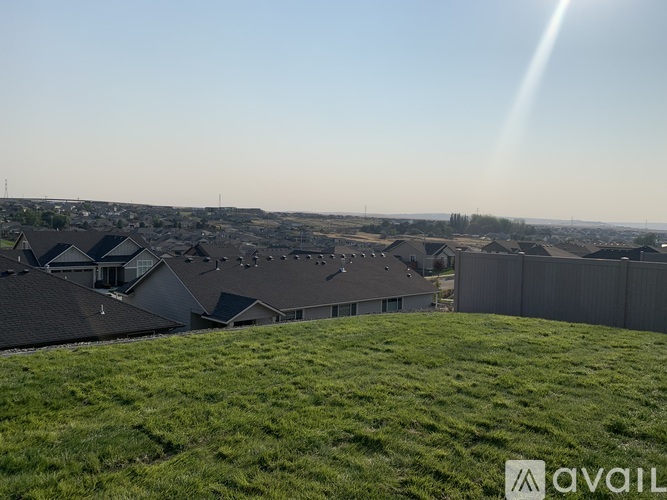 A sunny day in a residential area with houses on a hill.