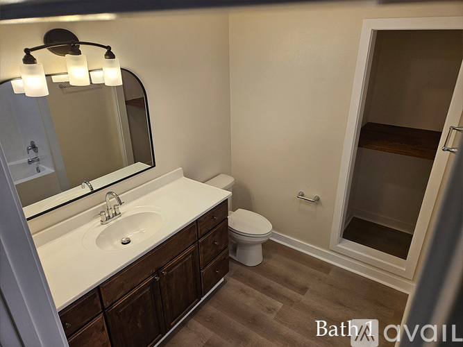 A bathroom with a sink, mirror, toilet and a walk in shower.
