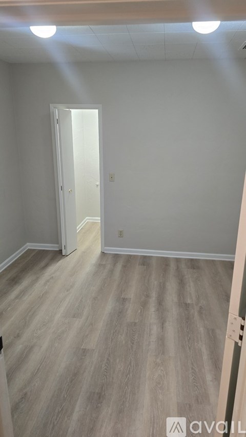 A room with a wooden floor and a white door.