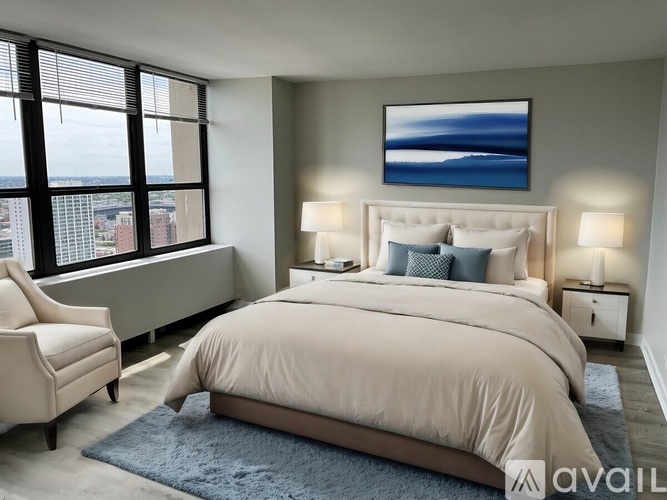 A bedroom with a large bed, a chair, and a painting on the wall.
