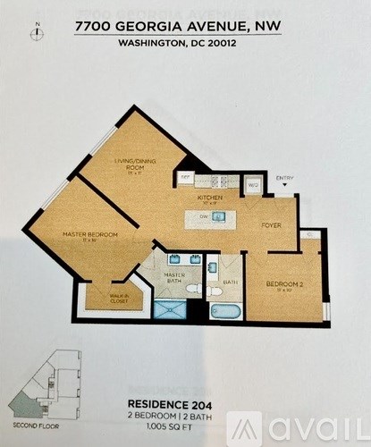 A floor plan for a two bedroom, two bathroom apartment at 7700 Georgia Avenue, NW, Washington, DC 20012.