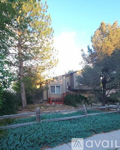 A house is surrounded by a fence and trees.