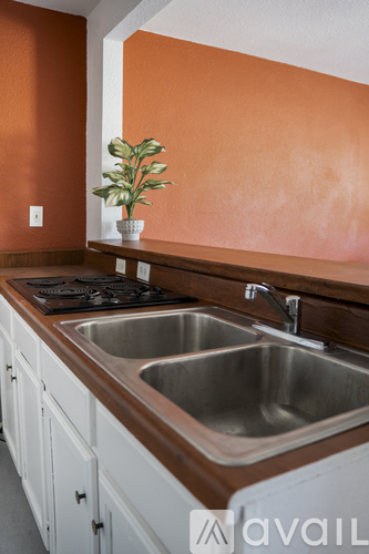A kitchen with a stove top oven and a double sink.