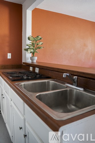 A kitchen with a stove top oven and a double sink.