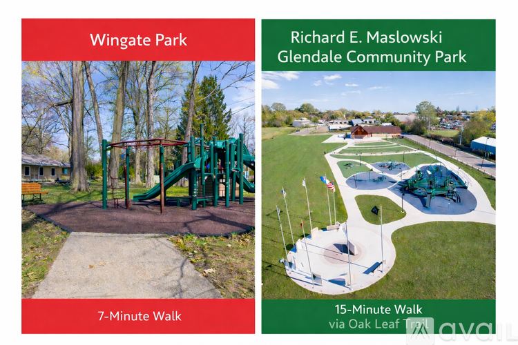 A picture of a playground and a park with a sign that says "7-Minute Walk" and "15-Minute Walk via Oak Leaf Trail".