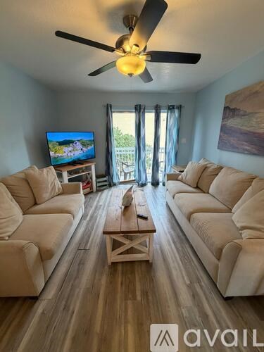 A living room with a television, two couches, and a ceiling fan.