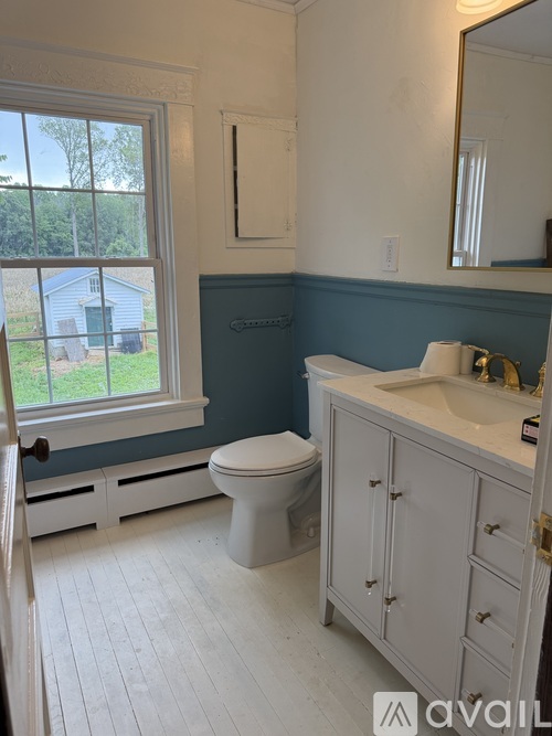 A bathroom with blue walls and a white toilet.