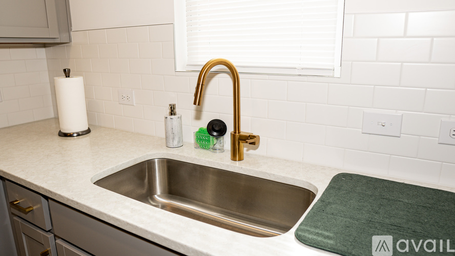 A kitchen sink with a green mat on the counter.