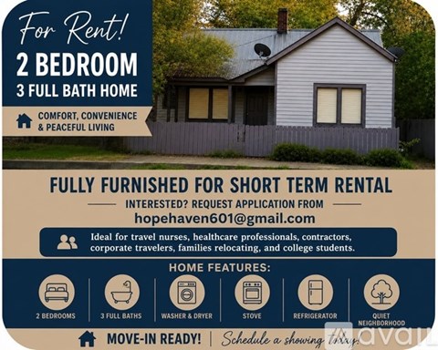 A house for rent with two bedrooms and three full baths.