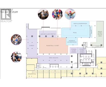 A floor plan of a residential building with amenities like a gym, pool, and locker rooms.