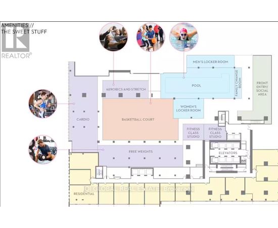 A floor plan of a residential building with amenities like a gym, pool, and locker rooms.