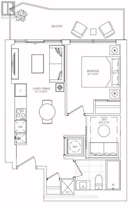 A black and white floor plan of a small apartment with a balcony.