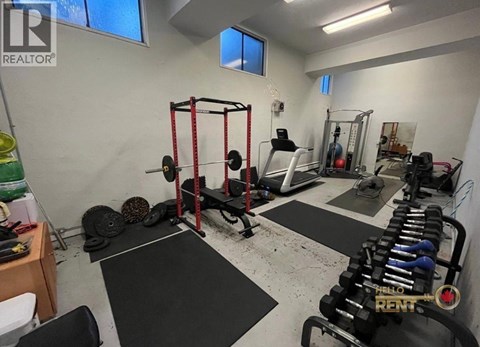 A gym with a variety of equipment including weights and a squat rack.