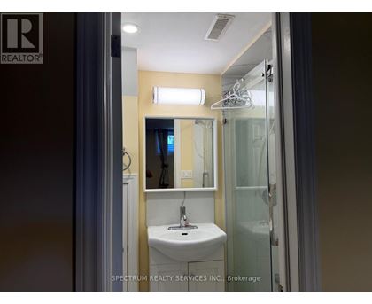 A bathroom with a sink, mirror, and shower.