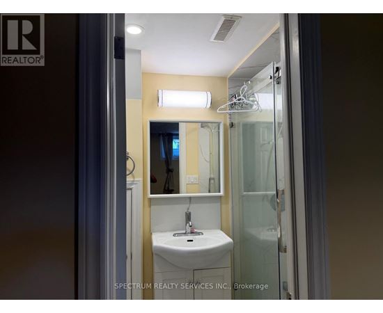 A bathroom with a sink, mirror, and shower.