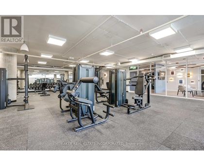 A gym with a variety of equipment including a squat rack, bench press, and a rowing machine.