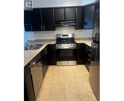 A kitchen with black cabinets and stainless steel appliances.