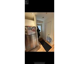 A kitchen with a refrigerator and a person standing in the doorway.