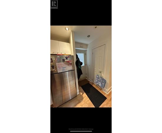 A kitchen with a refrigerator and a person standing in the doorway.