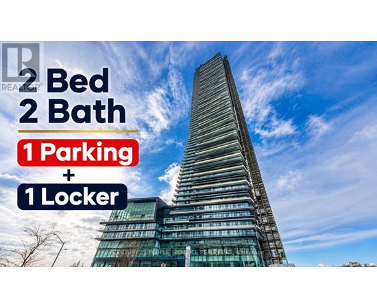 A tall building with a blue sky in the background and text indicating it has 2 bedrooms, 2 bathrooms, 1 parking space, and 1 locker.
