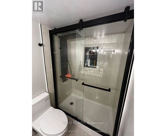 A white toilet is in a glass shower stall.