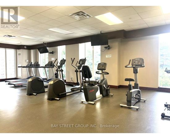 A gym with treadmills, elliptical machines and other exercise equipment.
