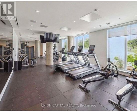 A gym with treadmills, weights, and a television is shown.