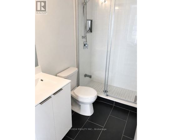 A white toilet in a bathroom with a glass shower door.