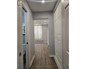 A hallway with white doors and a wooden floor.