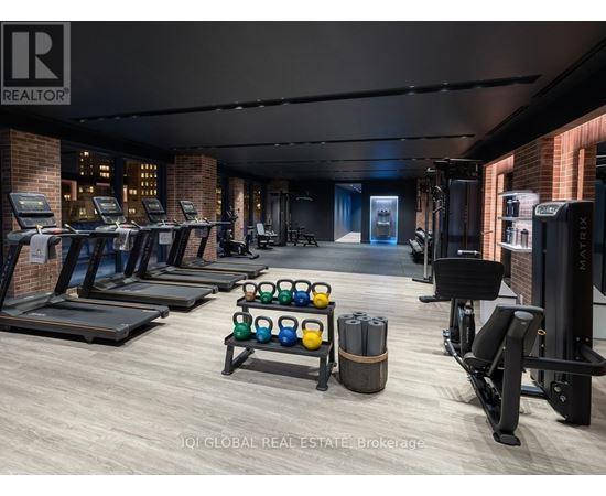 A gym with treadmills, weights, and exercise equipment.